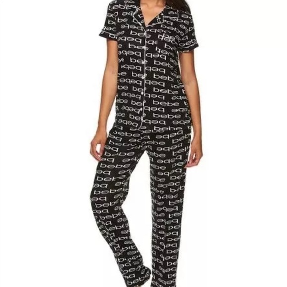 Bebe Intimates Sleepwear Bebe Black Buttonup Logo Pajama Set Women Poshmark
